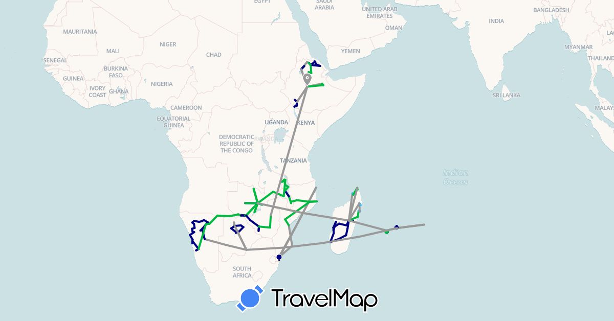 TravelMap itinerary: driving, bus, plane, hiking, boat in Botswana, Ethiopia, France, Madagascar, Mauritius, Malawi, Mozambique, Namibia, Zambia, Zimbabwe (Africa, Europe)